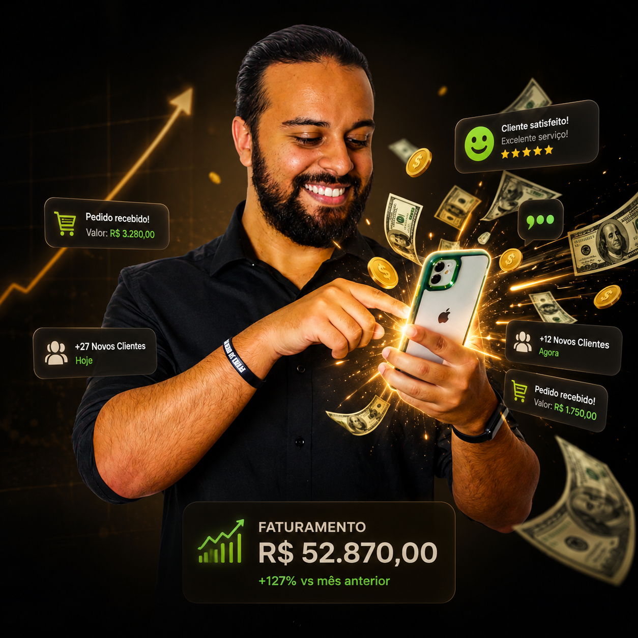 Sillas Neto feliz com resultados de tráfego, vendas e clientes saindo da tela do celular